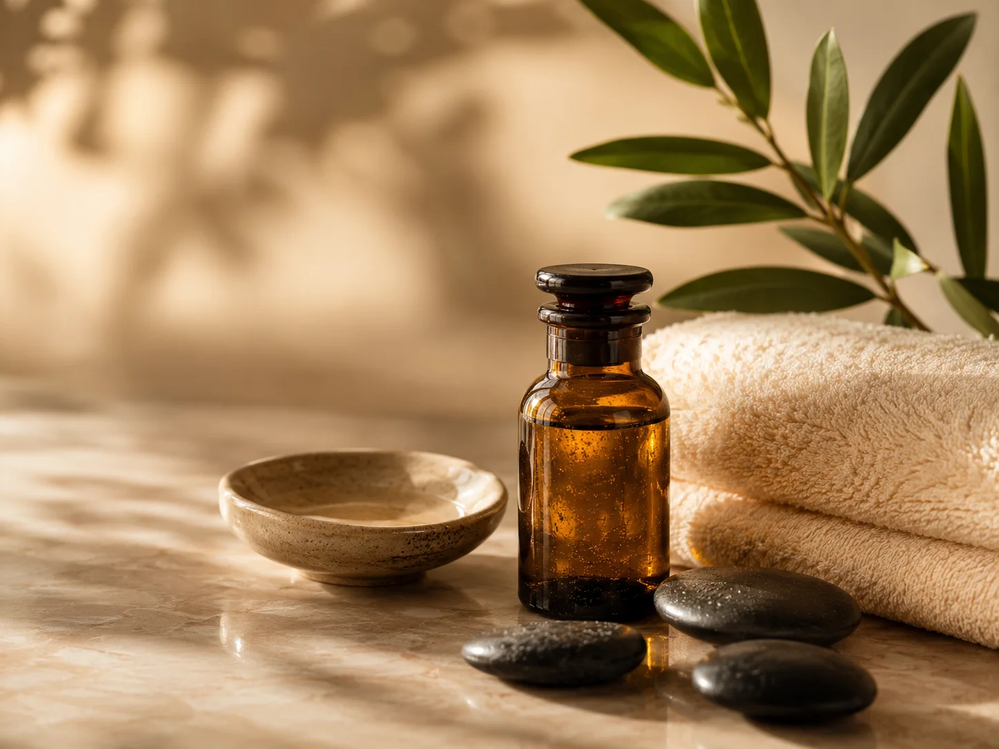 Massage oil, warm towels, and hot stones arranged for a spa guide