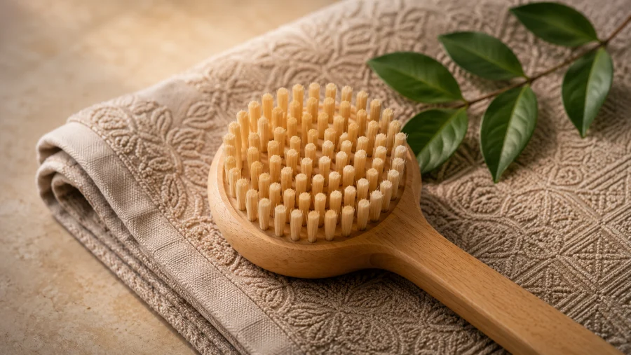 Body scrub brush on a spa towel