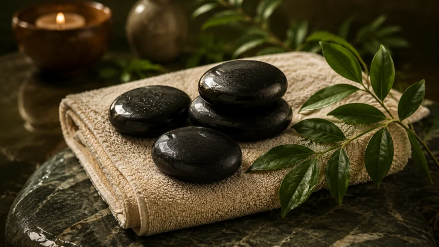 Hot stone massage stones on a towel with candlelight