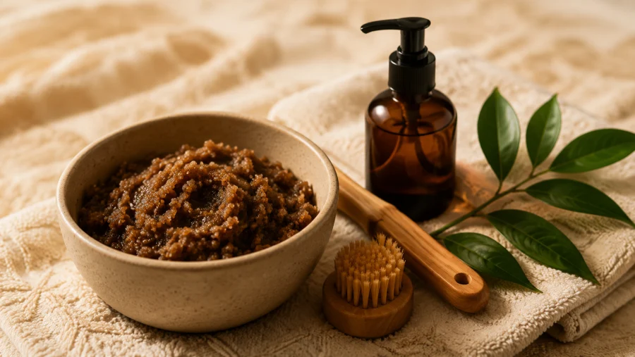 Body scrub, massage oil, towel, and spa brush
